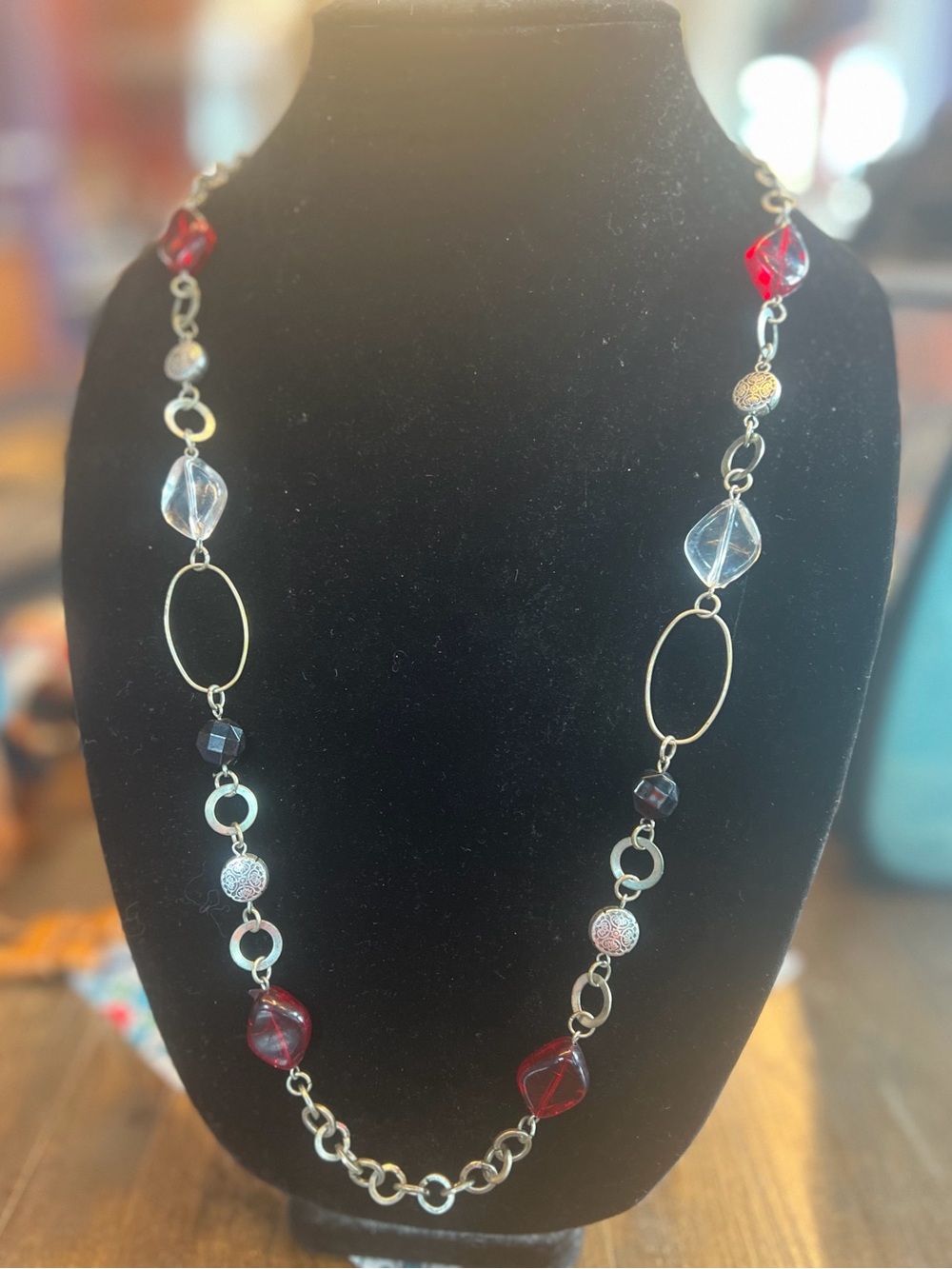 Elegant Red and Clear Bead Link Necklace